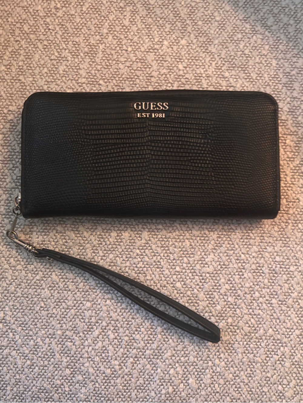 Guess Black Embossed Zip-Around Wristlet Wallet with Gold Logo